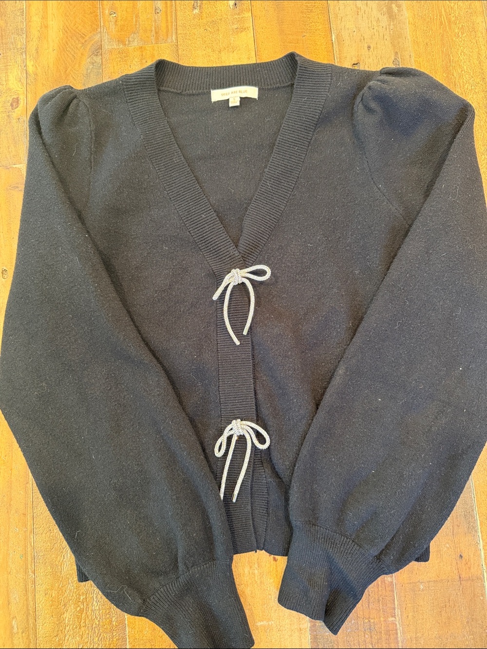 Skies Are Blue Black V-Neck Tie-Front Cardigan with Gray Ties